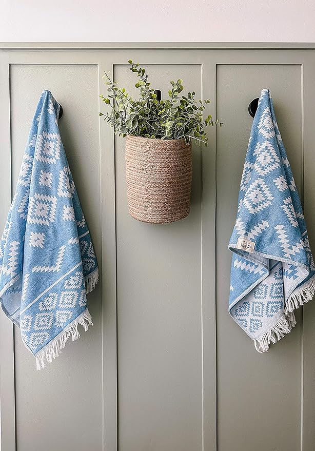 RAY SILVER Aztec Turkish Hand Towels Set of 2 100% Cotton Peshtemal Soft Feel 18 x 36 Light Weight Travel Camping Bath Sauna Beach Gym Pool Blanket Quick Dry Oversized Towel (Blue, Hand Towel)