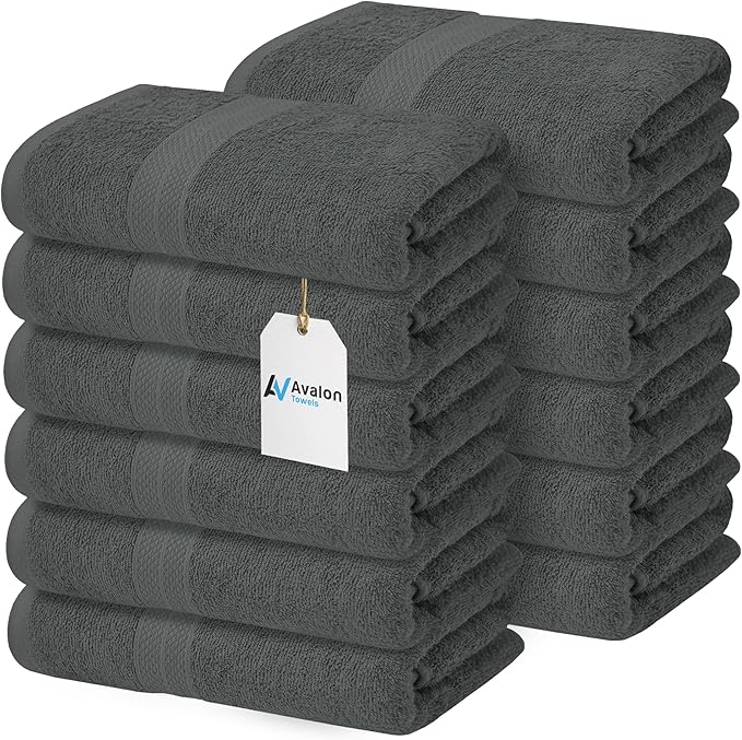 Avalon Towels Bath Towels for Bathroom 100% Cotton Grey Bathroom Towels Pack of 12 (24x48 inches) - Quick Drying Bath Towels Set Small, Light Weight & Absorbent Perfect Gym & Pool Towel Set
