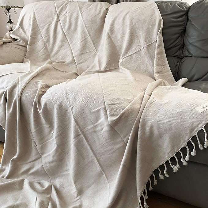 Bersuse 100% Cotton Milas XL Throw Blanket for Couch - 100% Cotton Lightweight Durable Throw Blanket, Big Blanket for Sensitive Skin, Decorative and Versatile - 60x90 Inches, Beige