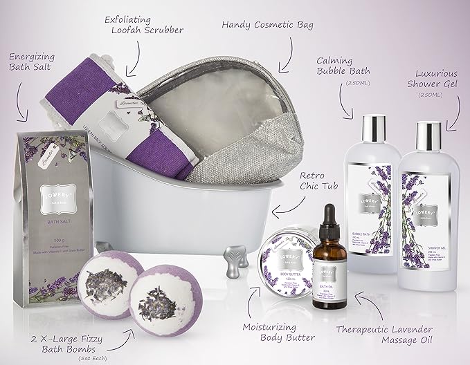 Mothers Day Bath Gift Basket Set for Women: Relaxing at Home Spa Kit Scented - Lavender and Jasmine with Large Bath Bombs, Salts, Shower Gel, Body Butter Lotion, Bath Oil, Bubble Bath, Loofah & More