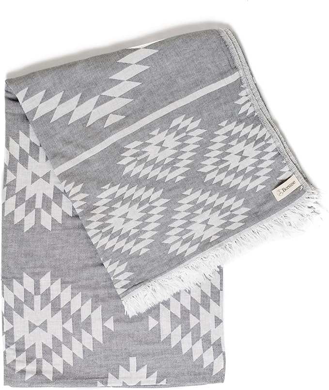 Bersuse 100% Cotton Teotihuacan XL Throw Blanket Turkish Towel Beach Blanket - Beach Camping Essentials - 75x90 Inches, Silver Grey
