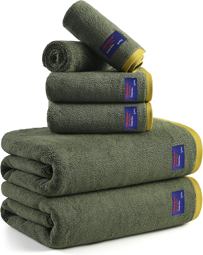 REDKISS 6 Piece Luxury Bath Towel Set, 2 Bath Towels, 2 Hand Towels, 2 Washcloths, 100% Cotton Ultra Soft Highly Absorbent Quick Dry Towels for Bathroom, Gym, Spa, Hotel, Army Green