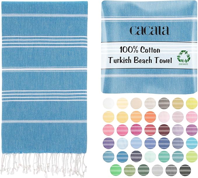 Cacala Lightweight and Thin Turkish Beach Towel 100% Cotton Sand-Free and Quick-Drying Goodness Perfect as an Extra Large Travel Towel, Beach Accessory, or Gift for Beach Lovers, 37 x 70