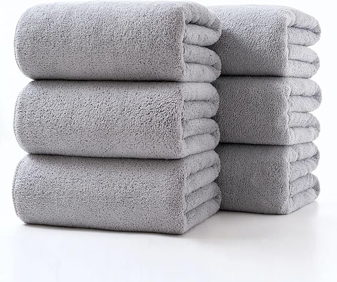 Lumimi Towels 6 Piece Soft Microfiber Bath Towel Set Salon Gym Yoga Travel Incredibly Absorbent Lightweight Quick Dry and Durable, 55" L x 27" W, Family 6 Pack Light Grey