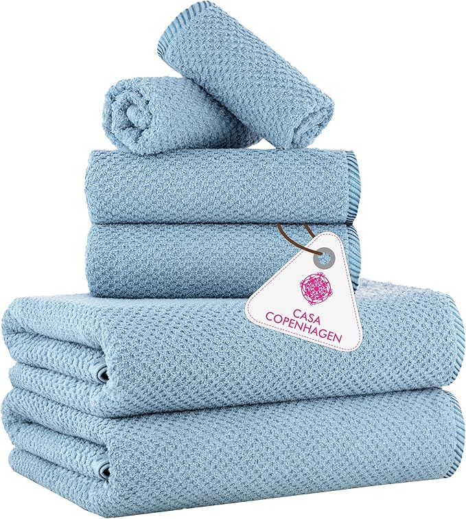 CASA COPENHAGEN Popcorn 6Pcs 100% Egyptian Cotton Large Designer Towels Gift Set- Dusky Blue, 600GSM, 2Bath 2Hand 2Washcloths, Bath Towels for Bathroom Set for Women & Men