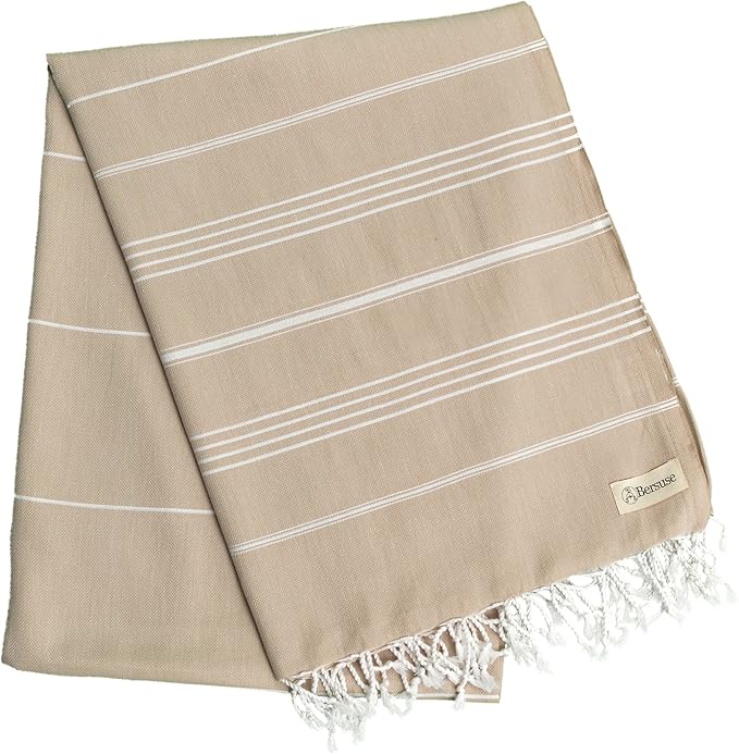 Bersuse Towels Anatolia XL Beach Blanket Throw Blanket Turkish Towel 100% Cotton Extra-Large Quick-Dry Lightweight Premium Peshtemal Towel - 61x82 Inches, Beige (Set of 6)