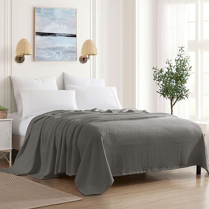 Sweet Home Collection 100% Fine Cotton Luxurious Basket Weave Blanket, Dark Gray Full/Queen