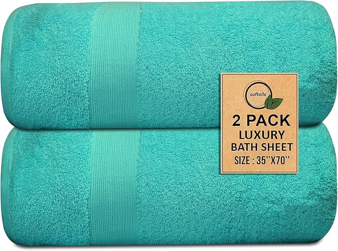 Softolle 100% Cotton Luxury Bath Sheets - Pack of 2 (35" x 70") | Super Soft, Quick-Dry & Highly Absorbent Towels for Bathroom, Home, Spa & Gym (Turquoise)