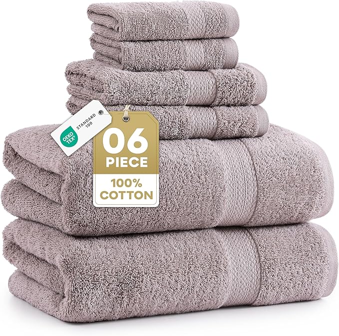 LANE LINEN 100% Ring Spun Cotton Bathroom Towel Set - 6 Piece - Soft, Quick Dry & Highly Absorbent - 2 Bath, 2 Wash cloths, 2 Hand Towels - Ideal for Guests & Perfect for Bathroom decor - Platinum