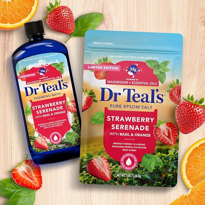 Dr Teal's Epsom Salt Magnesium Soak, Strawberry Serenade with Basil & Orange, 3 lbs (Pack of 2)