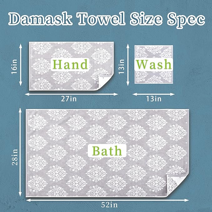 Towels for Bathroom - 100% Cotton | Soft | Quick Dry | Light Weight | Absorbent, 4 Hand 16"x27", 2 Bath 28"x52", Towel Set of 6, Grey Towels Bathroom Sets, Gray Damask Patterned Towels, Gray and White