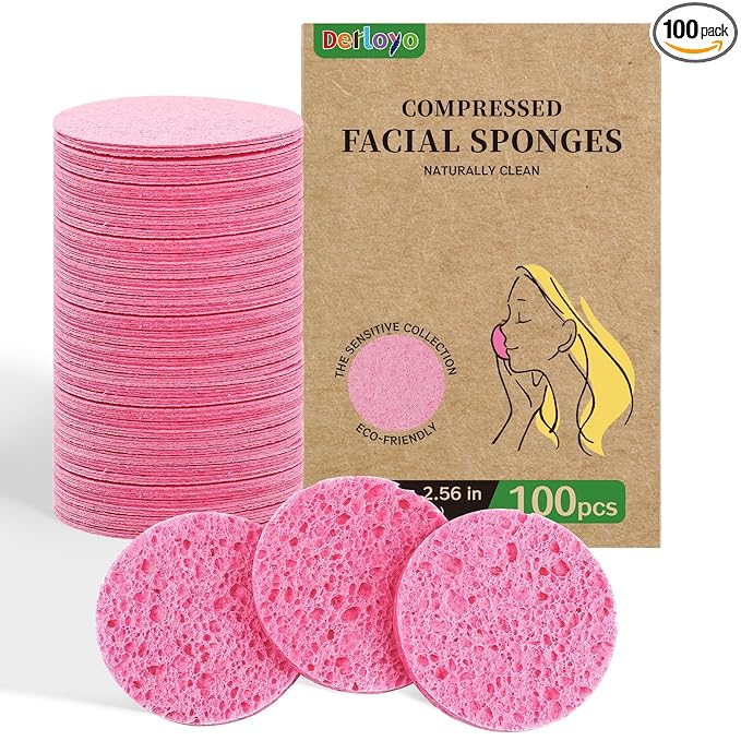 100-Count Compressed Facial Sponges, Natural Cellulose Face Sponges for Cleansing, Exfoliating, Washing face, Makeup Removal, and Spa Use - Travel Skincare Essentials for women