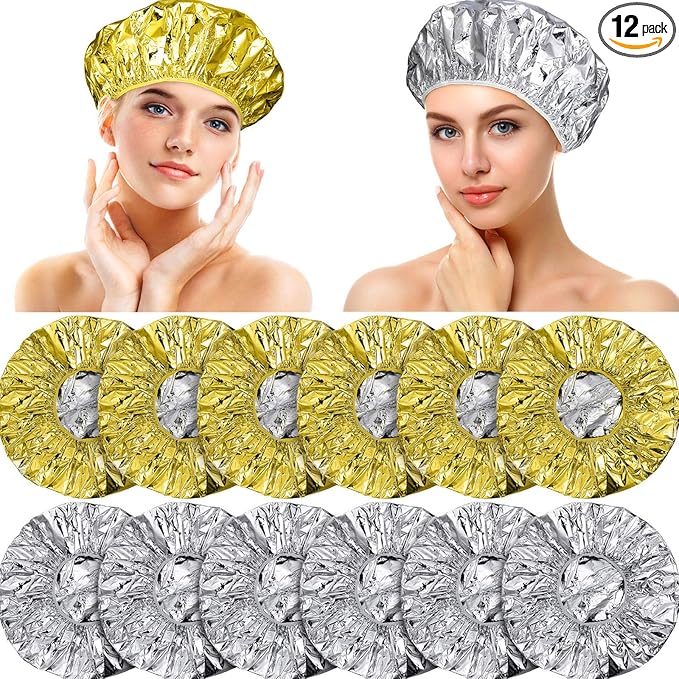 12 Pieces Deep Conditioning Caps Aluminum Foil Reusable Hair Processing Hair Coloring Shower Caps for Home Salon Use(12 Inch,Golden, Silvery)