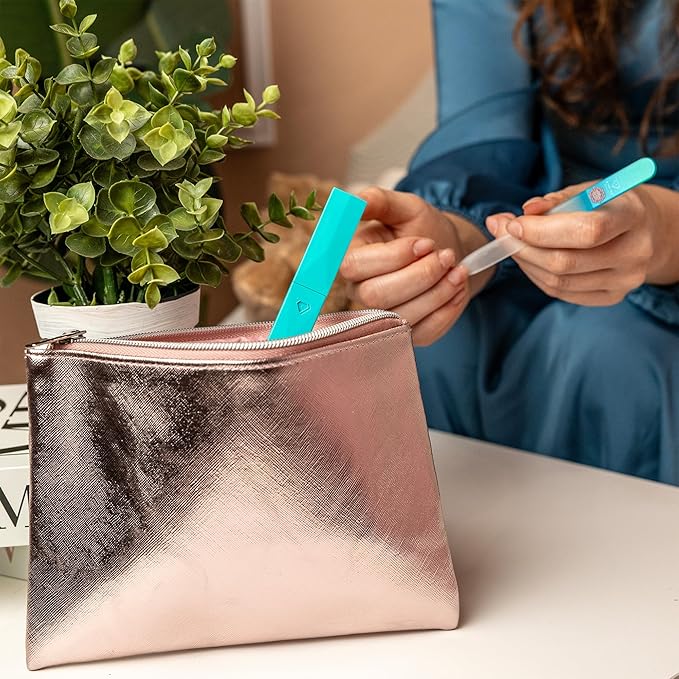 Bona Fide Beauty Glass Nail File with Case (Aqua) - 1 Piece Luxurious Gifts for Women, Crystal Etched Nail File for Natural Nails