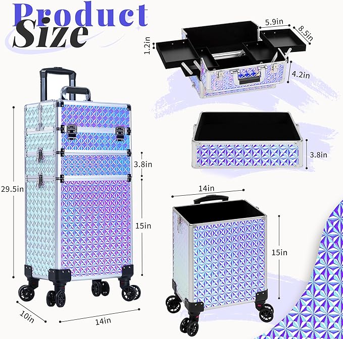 3 in 1 Rolling Makeup Train Case Professional Large Cosmetic Trolley Cosmetology Case on Wheels Traveling Cart Trunk for Hairstylist Artist Nail Beauty Salon Barber, Silver