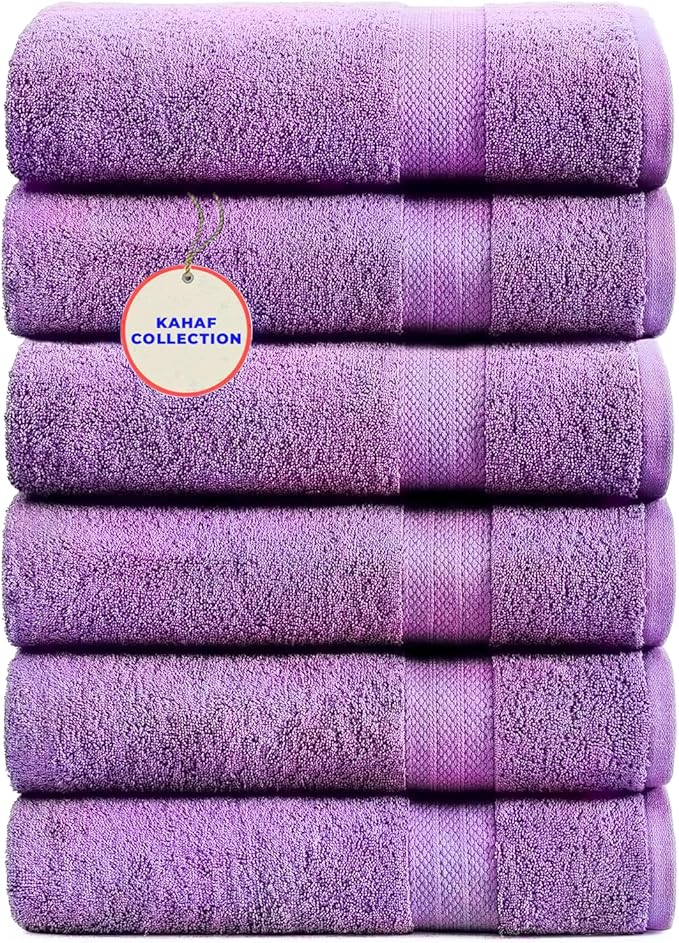 KAHAF COLLECTION 100% Cotton Bath Towels, 24x48 Pack of 6 Towels, Quick Dry, Highly Absorbent, Soft Feel Towel, Gym, Spa, Bathroom, Shower, Pool, Luxury Soft Towels (Light Purple, 24x48-6 Pack)