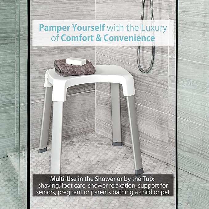 Better Living Smart 4 Shower Bench for Inside the Shower, Shower Stool for Shaving Legs & to Sit On, Rustproof Non-slip Stool with Durable Aluminum Legs, Waterproof Shower Bench, White