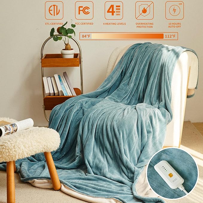 JET'S HOME Heated Blanket Full 72"x84" - ETL&FCC Certified Flannel Electric Blanket Machine Washable Heating Throw with 4 Heating Levels 10 Hours Auto-Off Overheating Protection (Blue)