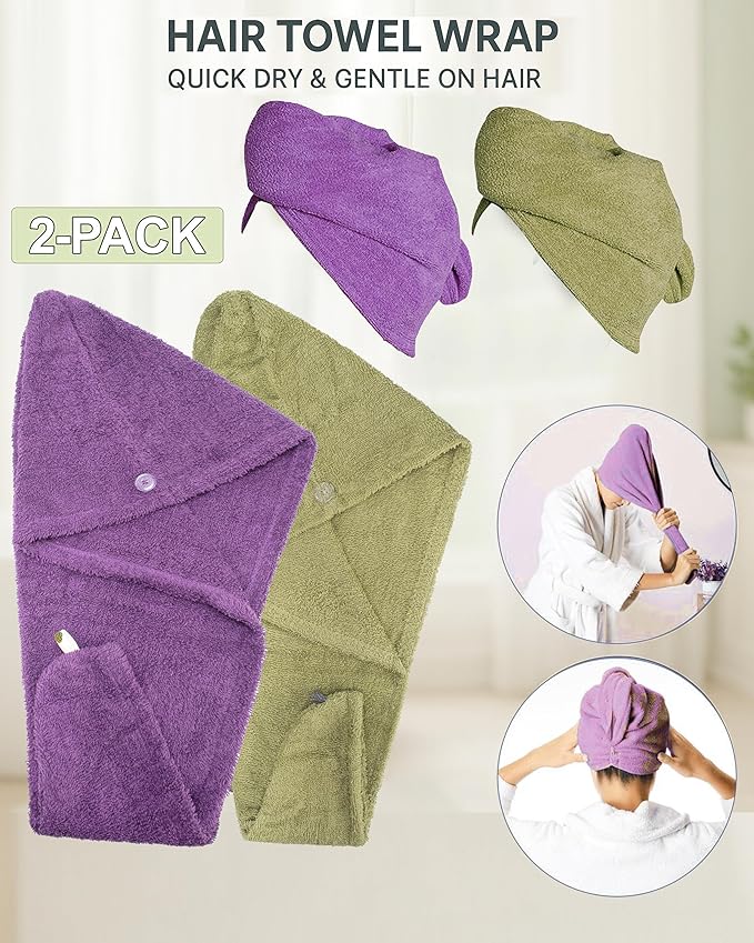 Textila 100% Cotton Hair Wrap Towels for Women (Pack of 2, Plum & Green) – Soft & Absorbent Turban Towels for Long, Curly, Frizz-Prone Hair