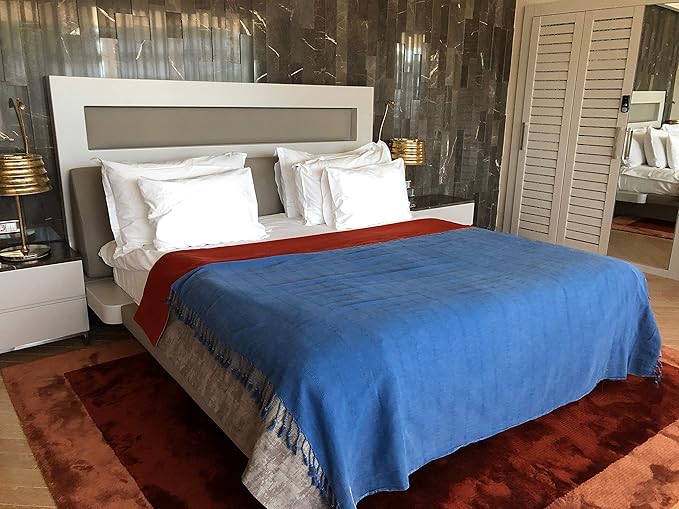 Bersuse 100% Cotton Troy XL Throw Blanket for Couch - 100% Cotton Lightweight Durable Throw Blanket, Big Blanket for Sensitive Skin, Decorative and Versatile - 59x81 Inches, Blue