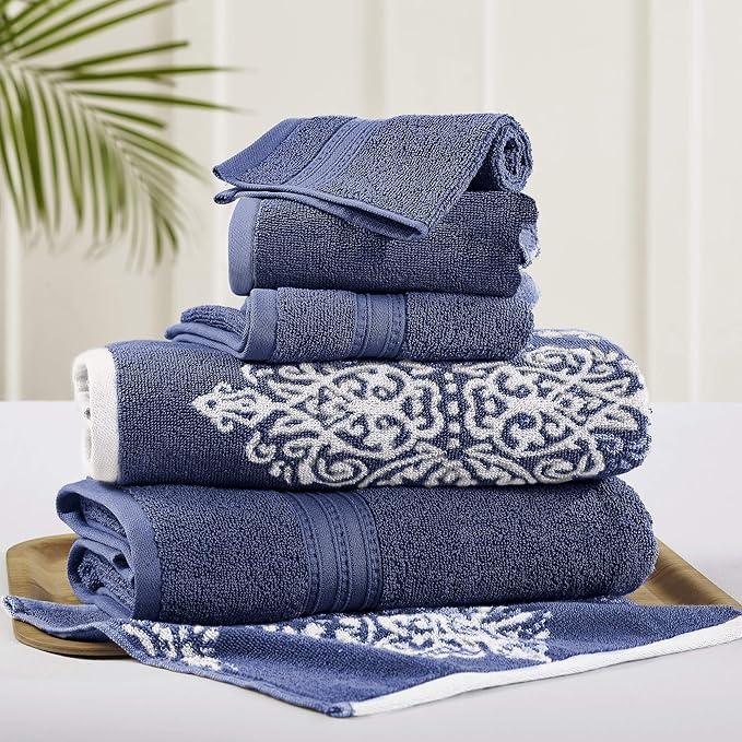 Modern Threads 6 Piece Reversible Yarn Dyed Jacquard Towel Set Artesia Damask Indigo