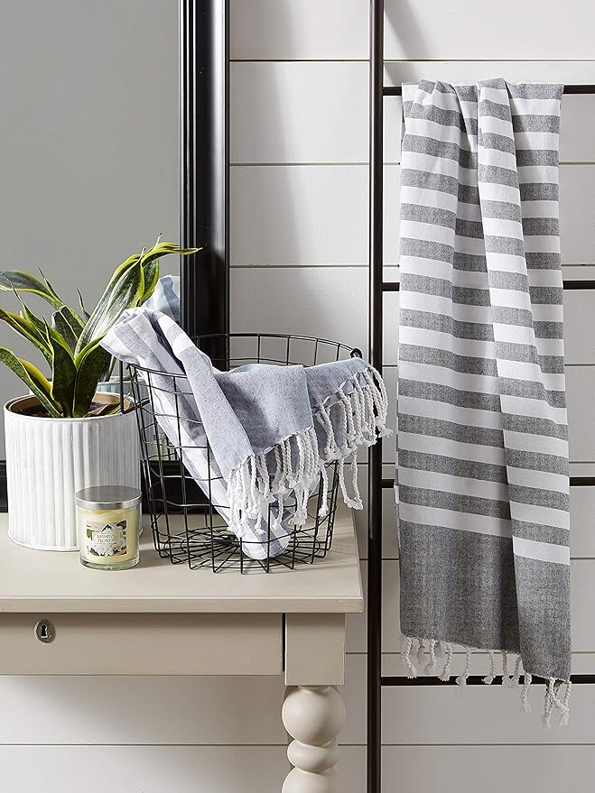 E-Living Store FBA43919 100% Cotton, Soft & Absorbent Decorative Turkish Fouta Towel with Twisted Fringe for Home, Beach, Pool, or Décor, Use As Blanket or Throw, 28x59, Black
