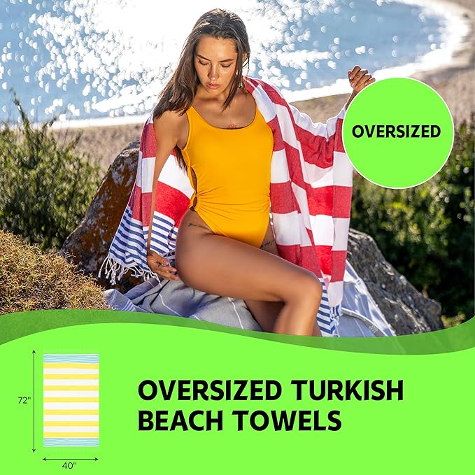 HAVLULAND Turkish Beach Towels, Oversized 40"x72" Turkish Bath Towel, Highly Absorbent Quick Dry Sand Free Beach Towels for Beach Pool Spa Gym Yoga Travel Camping Picnic Blanket - Yellow/Turquoise