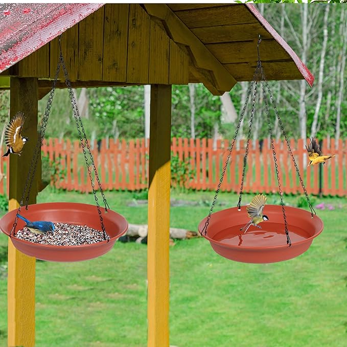 VUWEZ Hanging Bird Bath, Hanging Bird Water Feeder for Outdoors, Feeder Bowl, 1 Pack Birdbath Tray Accessories for Outside, Plastic Birdbaths Tray for Garden Patio Decoration (14", Terra Cotta)