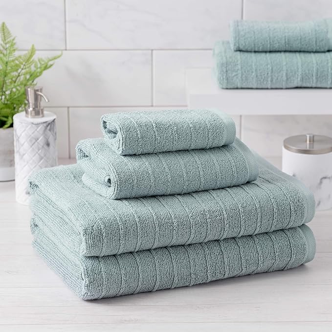Welhome James 100% Cotton Textured Stripe Towel Set - 6 Piece Set of 2 Bath Towels, 2 Hand Towels, 2 Washcloths, Soft & Absorbent, Mineral