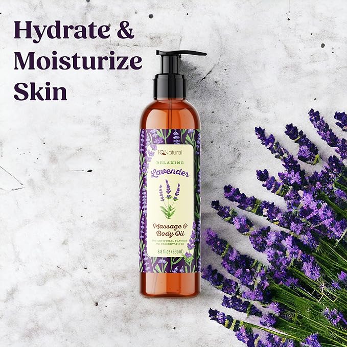 IQ Natural Organic Lavender Body Oil for Skin, Lavender Massage Oil for Massage Therapy, Sore Muscle Body Relaxing Stress Relief - Lightweight and Non-Greasy - 8.8oz (260ml)