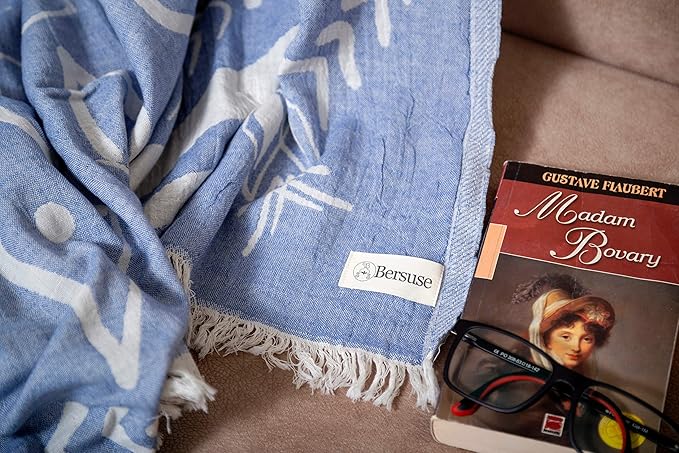 Bersuse 100% Cotton Kona XL Throw Blanket Turkish Towel Beach Blanket - Beach Camping Essentials - 75x90 Inches, Grey Blue