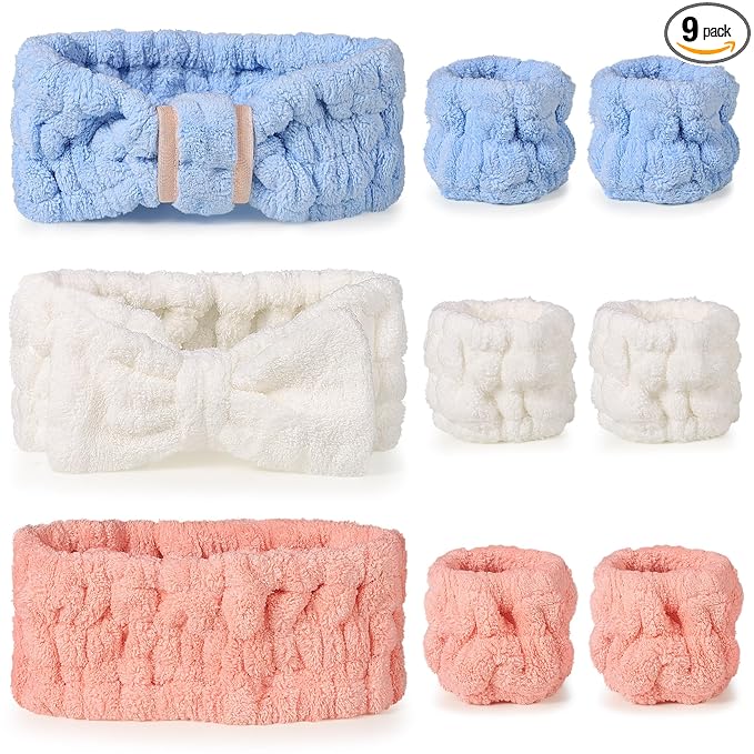 DiyJibb 9 Pcs Spa Headband for Washing Face,Skincare Headband and Wristband Set,Women Teen Girls Facial Hairbands for Washing Face, Makeup, Sports, Yoga (apricot + blue + orange pink)