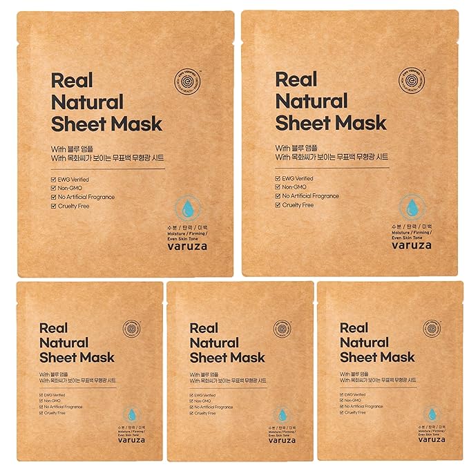 varuza] Real Natural Sheet Mask – EWG VERIFIED, Vegan Face Mask for Hydration, Non-GMO, No Artificial Fragrance, Made in Korea (5 PACK, BLUE AMPOULE)