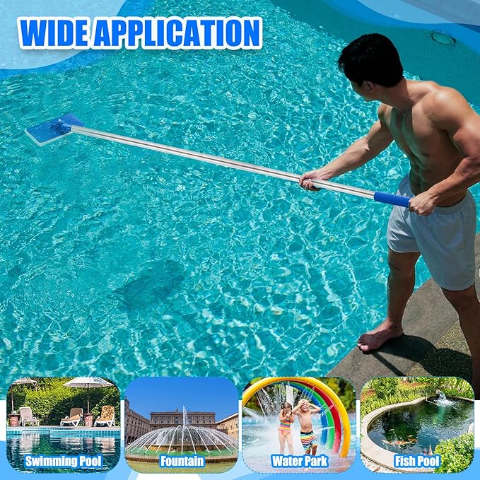 Tioncy 4 Pcs Pool Brushes Kit with 47" Pole Adjustable, 17.5" Pool Brush Head, Hand Scrub Brush & Scouring Sponge Pads with Aluminum Pole for Spa Hot Tub Bathroom Kitchen Home Tiles Walls Floors