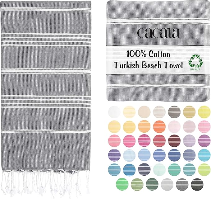 Cacala Lightweight and Thin Turkish Beach Towel 100% Cotton Sand-Free and Quick-Drying Goodness Perfect as an Extra Large Travel Towel, Beach Accessory, or Gift for Beach Lovers, 37 x 70