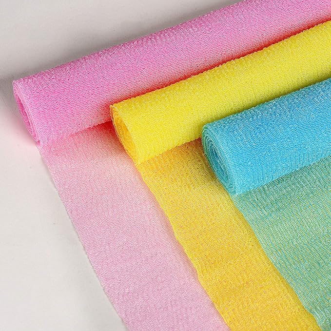 ARCH&M Exfoliating Shower Towel – 35-Inch Japanese-Style Back Scrubber for Shower, Textured Poly Nylon Body Exfoliating Washcloth for Back Acne, KP & Ingrown Hairs, Quick-Dry, 3 Pack (Navy-Blue x 3)