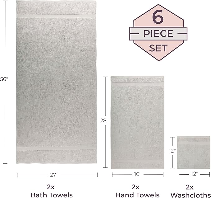 Lavish Home 6 Piece Towel Set - 550 GSM 100% Cotton Bathroom Accessories - 2 Bath Sheets, 2 Hand Towels, and 2 Wash Cloths - Soft and Absorbent Bathroom Set for Shower, Gym, Dorm, and Spa (Gray)