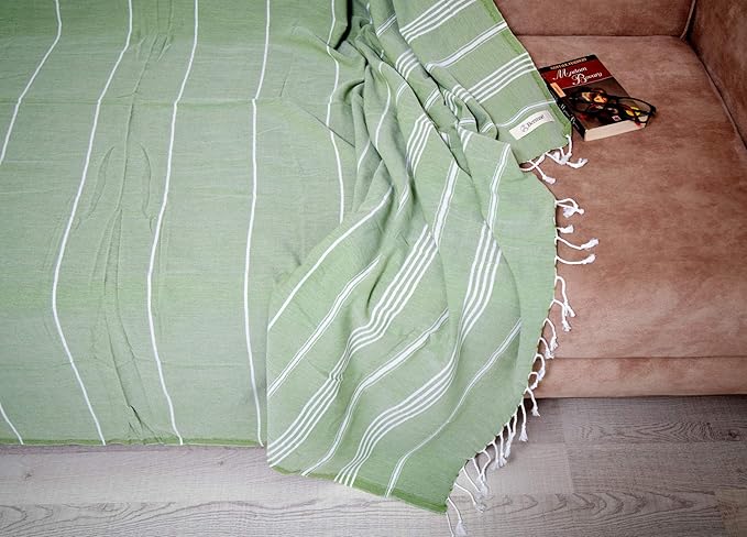 Bersuse Towels Anatolia XL Beach Blanket Throw Blanket Turkish Towel 100% Cotton Extra-Large Quick-Dry Lightweight Premium Peshtemal Towel - 61x82 Inches, Olive Green (Set of 3)