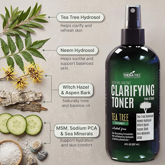 TheraTree Clarifying Toner with MSM, Tea Tree & Neem Hydrosol - Alcohol-Free Complexion Control for Face & Body - Reduces Appearance of Pores & Controls Oil - 8 Fl Oz