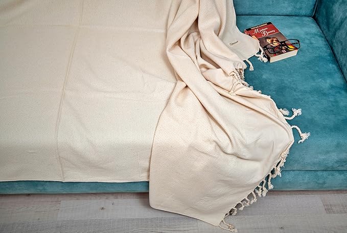Bersuse 100% Cotton Ventura XL Throw Blanket for Couch - 100% Cotton - 60x90 Inches, Ivory
