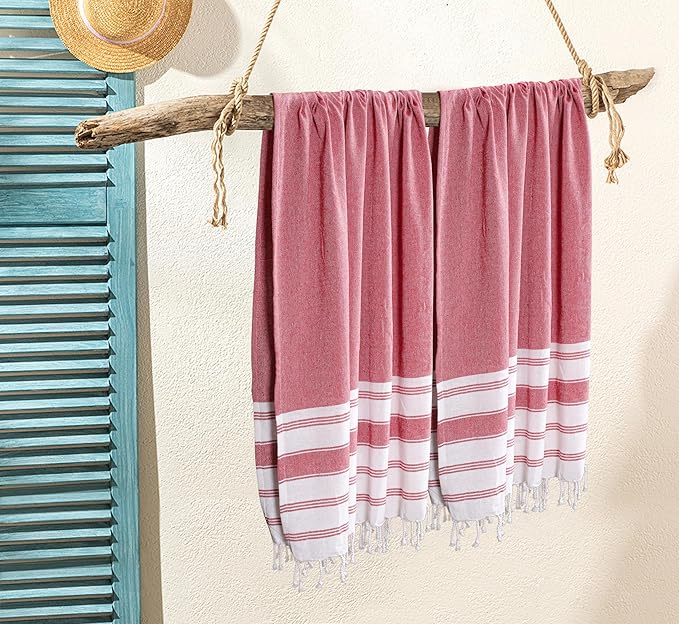 Goroly Home Cotton Turkish Peshtemal Beach Towel, Extra Large, Thin Quick Dry Sand Free Pool & Swim Towel, Bathing Blanket, Travel Essentials, (Red, 36x71 Inches)