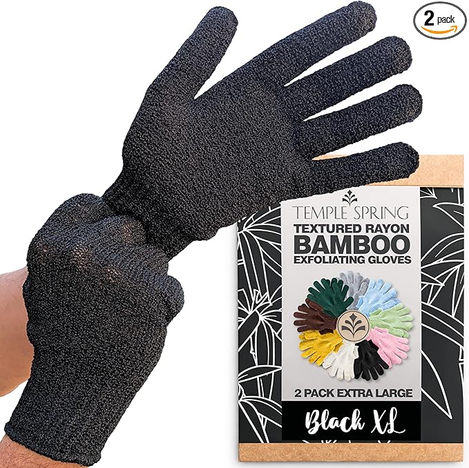 Temple Spring Exfoliating Gloves for Men & Larger Hands – Extra Large XL Textured Rayon Bamboo Shower Gloves with Thicker Weave for Deep Cleansing, Dead Skin Removal & Smooth Skin (1 Pair, Black)