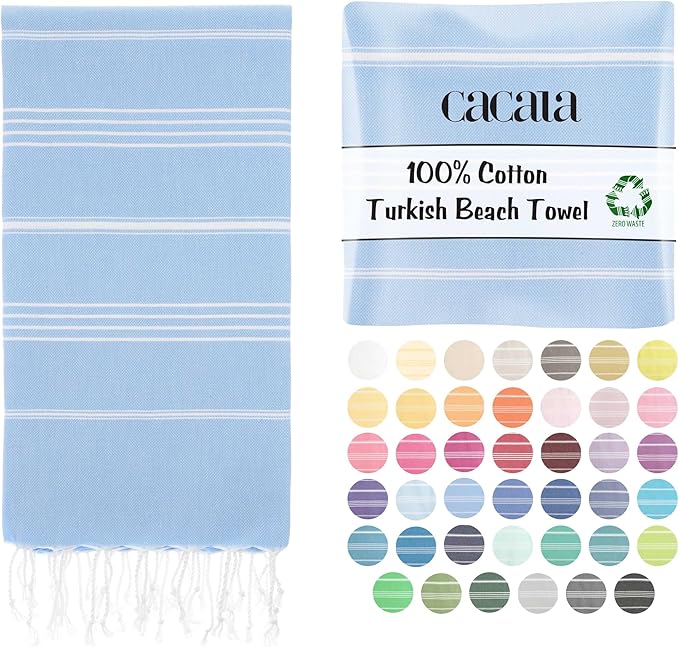 Cacala Lightweight and Thin Turkish Beach Towel 100% Cotton Sand-Free and Quick-Drying Goodness Perfect as an Extra Large Travel Towel, Beach Accessory, or Gift for Beach Lovers, 37 x 70