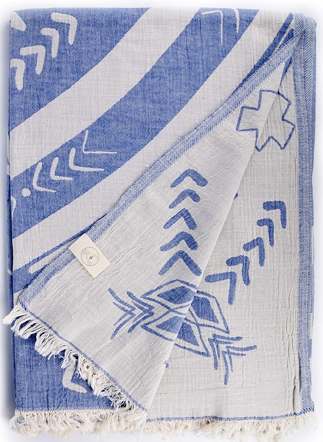 Bersuse 100% Cotton Kona XL Throw Blanket Turkish Towel Beach Blanket - Beach Camping Essentials - 75x90 Inches, Grey Blue