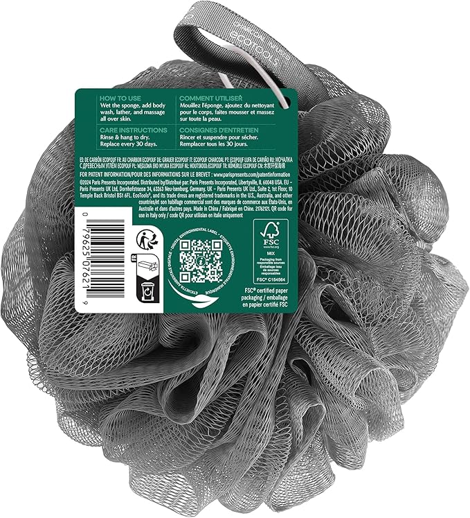 EcoTools Charcoal EcoPouf, Loofah Sponge for Bath & Shower, Infused Pouf, Recycled Netting, Exfoliation Removes Dead Skin, Eco-Friendly Bath Accessory, Cruelty-Free, Color May Vary, 1 Count (60g)