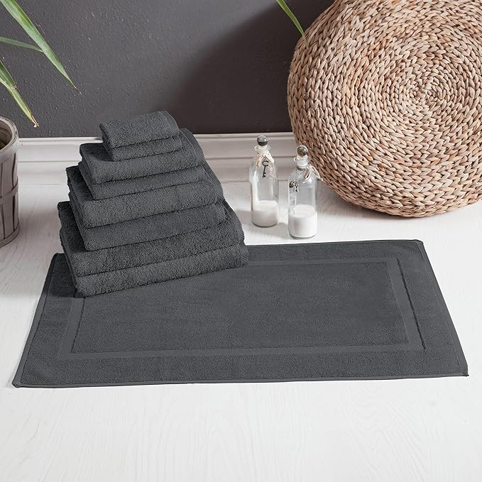 Classic Turkish Towels - Premium Cotton Quick-Dry 9 PC Bath Towel and Bath Mat Set - Soft, Lightweight, Bathroom Towels Made with 100% Turkish Cotton (Grey)