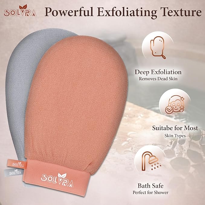 Exfoliating Gloves – 100% Vegan Viscose Kessa Mitt for Dead Skin Removal, Self-Tan Fade, and Keratosis Pilaris – Dual-Texture Glove for Spa & Massage (2 Pack, Gray/Orange)