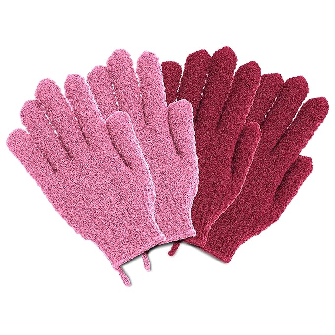 4 Pairs Exfoliating Gloves, 100% Nylon, Dual Texture Body Scrub for Spa, Massage & Dead Skin Removal, Multi-Color Shower Bath Accessories (Cerise/Blush)