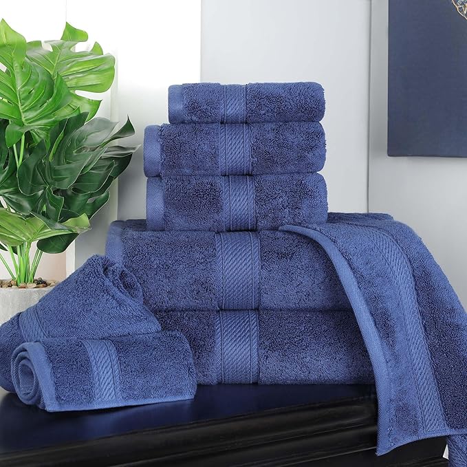 SUPERIOR Egyptian Cotton Pile 8 Piece Towel Set, Includes 2 Bath, 2 Hand, 4 Face Towels/Washcloths, Ultra Soft Luxury Towels, Thick Plush Essentials, Guest Bath, Spa, Hotel Bathroom, Navy Blue