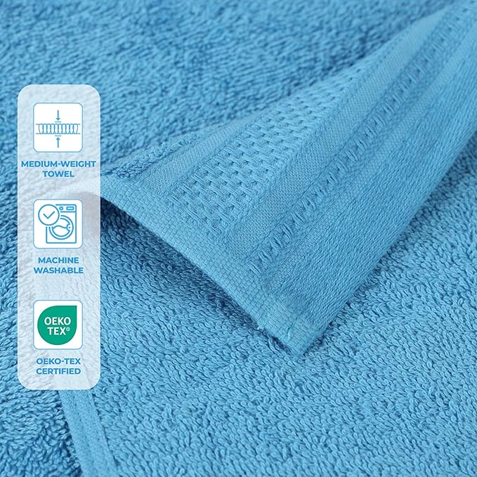 Superior Honeycomb Cotton Medium Weight Towels, for Guest Bath, Master Bathroom, Shower, Quick Dry, Adults, Home Essentials, Textured Waffle Border, Assorted Towel Set, 8 Piece Towel Set, Azure